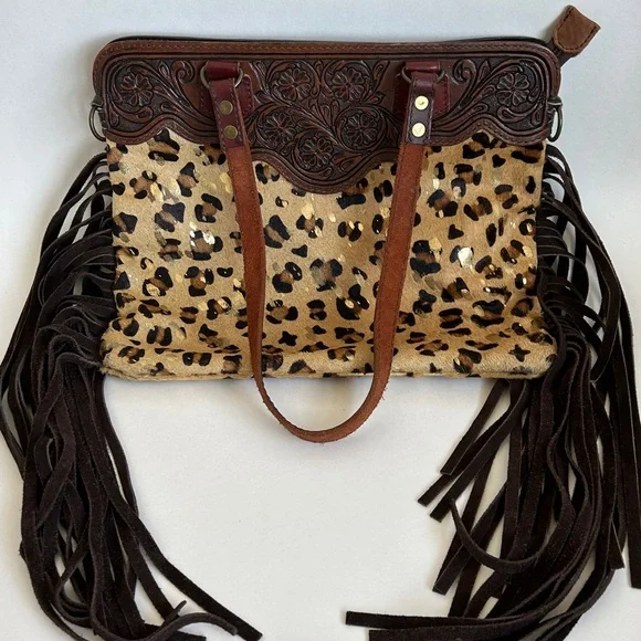 American Darling Cheetah Print & Gold Fringed Cowhide & Leather Purse /Tote Bag - Picture 1 of 15